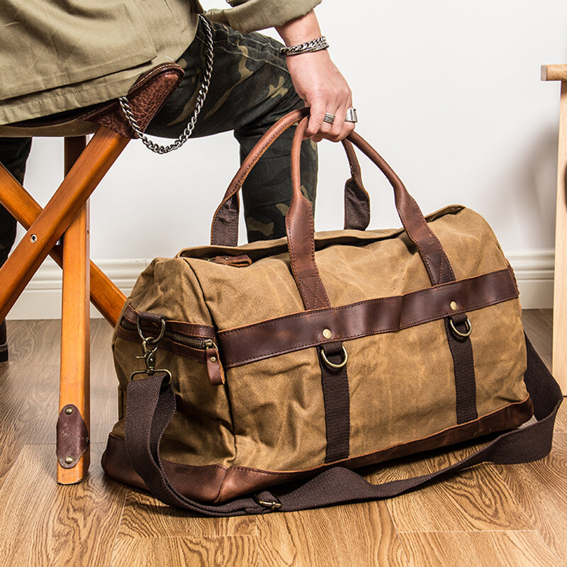 Водонепроницаемая Вощеная холщовая кожаная мужская сумка для путешествий, ручной чемодан, большая сумка-тоут, винтажная Мужская спортивная сумка для выходных, большая сумка для ночевки