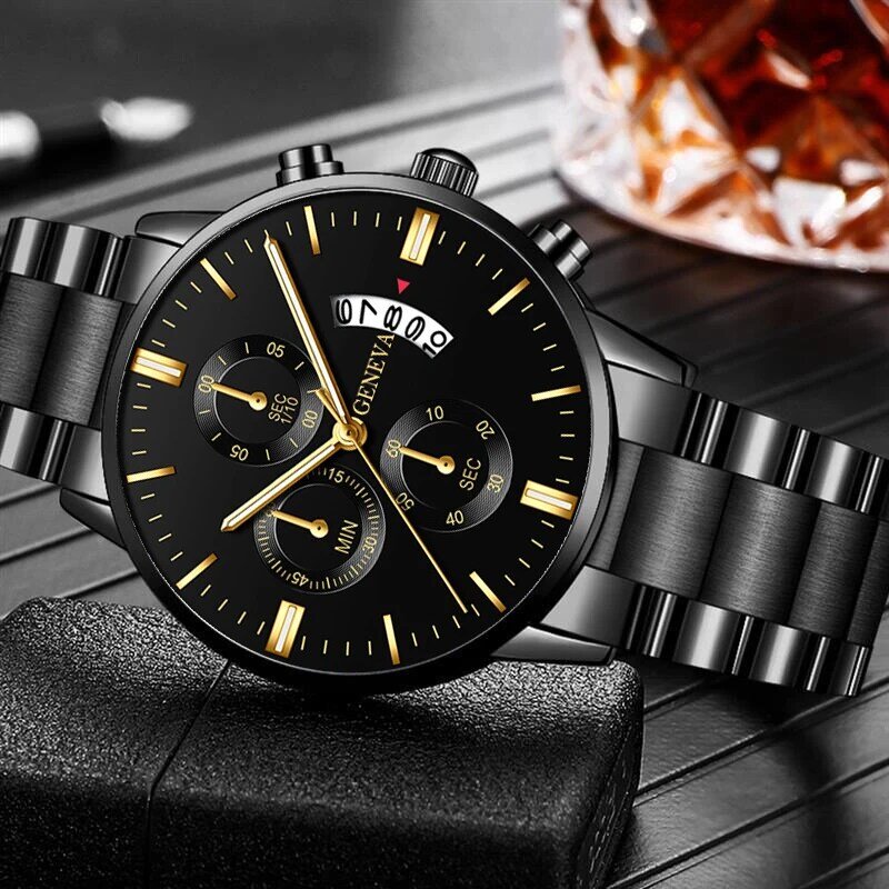 Relógio de pulso quartzo em aço inoxidável para homens, Relógios de luxo, Calendário, Relógio Masculino, Moda