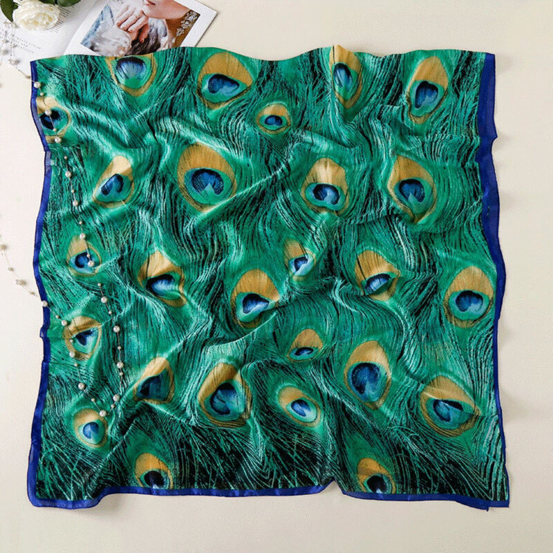 Lenço de seda com estampa pavão para mulheres, foulard, xales, envoltórios, pashmina, senhora, praia, hijab feminino, verde, novo