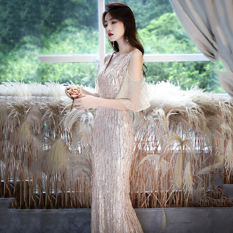 Женское вечернее платье-русалка, с V-образным вырезом, блестками и кисточками, приталенное платье для выпускного вечера, 2021