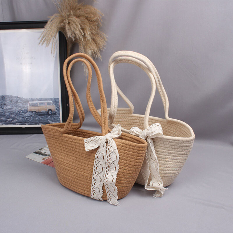 Sacos De Tecido De Algodão De Palha Bolsa Feminina Lace Bow Shoulder Bag Férias De Praia Leve Basket Style Top-handle