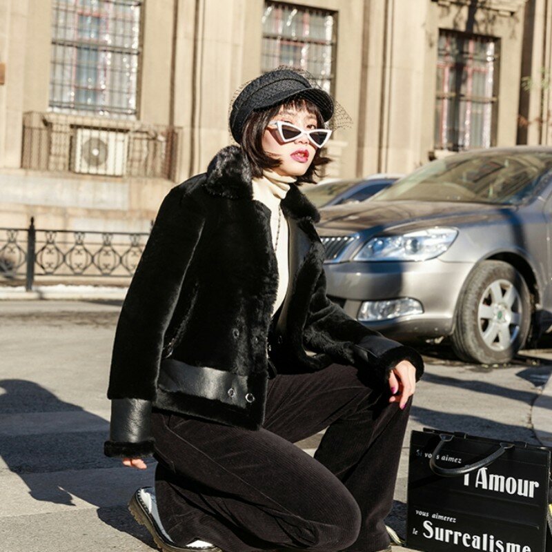 Winter New Mink Collar Real Leather Coat Women Korean Slim Long Sleeve Genuine Fur Shearling Jacket Warm Motorcycle Clothes