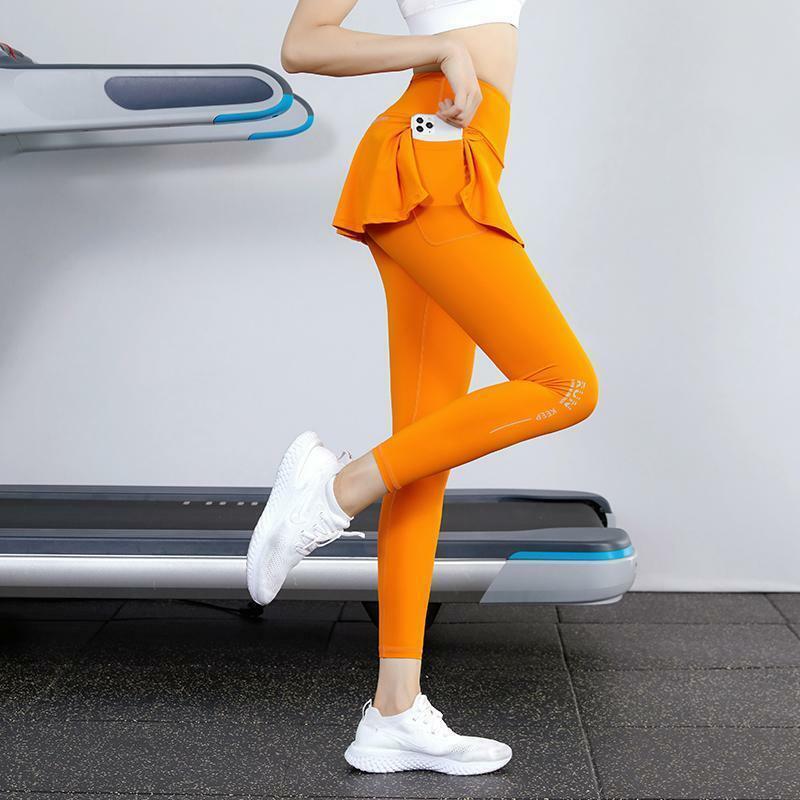 Legging Pinggang Tinggi Nilon Elastis Baju Olahraga Olahraga Lari Aktif Celana Yoga Hip Mengangkat Latihan Palsu Dua Rok + Celana