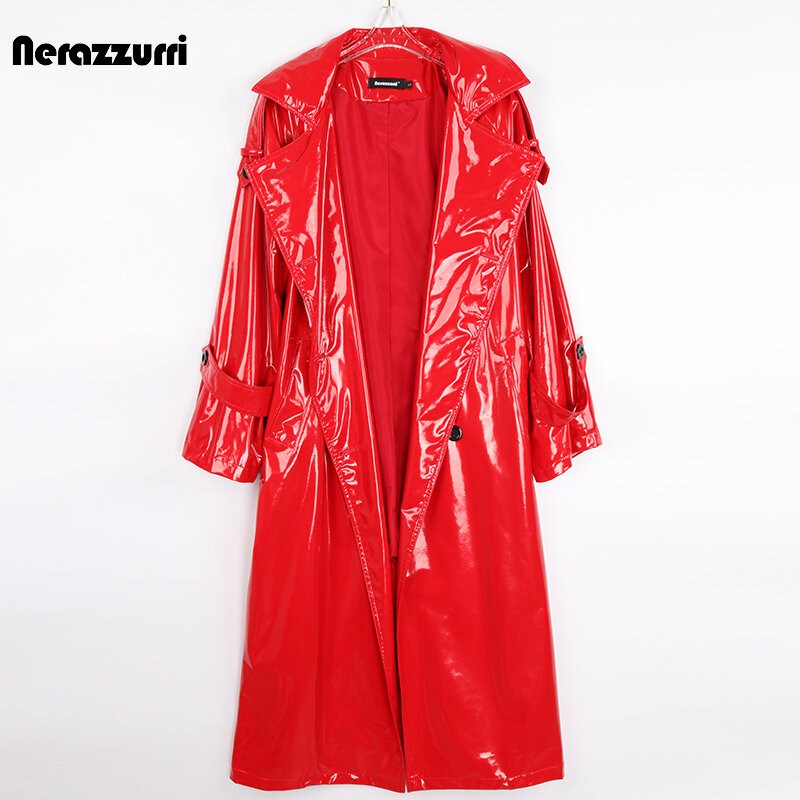 Nerazzurri Осенний длинный красный водонепроницаемый светоотражающий плащ из лакированной кожи для женщин Двубортный Плюс Размер Свободная Корейская Мода 5xl 6xl 7xl  кожаный тренч женские тренчкот женский пальто 2021