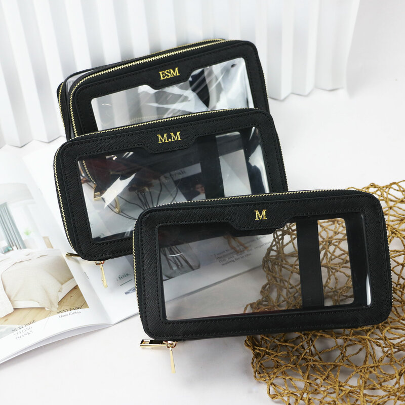Borsa cosmetica in pelle Saffiano con lettere personalizzate borsa da viaggio multifunzione a doppio strato con capacità in Pvc portatile