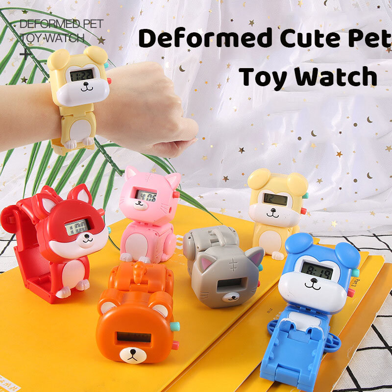 Crianças dos desenhos animados relógios eletrônicos bonito deformação dobrável pet watch meninos meninas silicone brinquedos para crianças presentes de aniversário