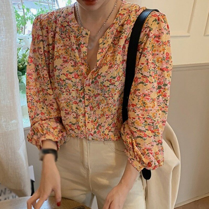 여성용 꽃무늬 프린트 셔츠, O넥 싱글 브레스티드, 루즈한 긴팔 쉬폰 블라우스, 가을