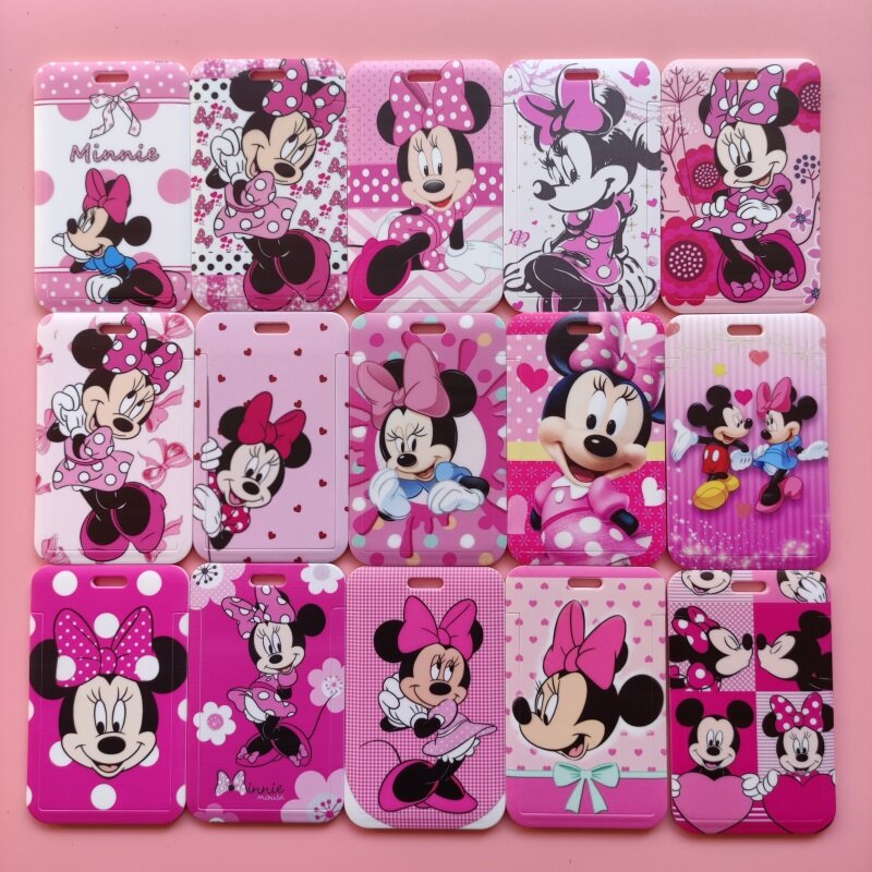Disney-portatarjetas de identificación de Mickey y Minnie Mouse para mujer, portatarjetas con cordón, portatarjetas de identificación para niñas, correas para el cuello, accesorios para llaveros
