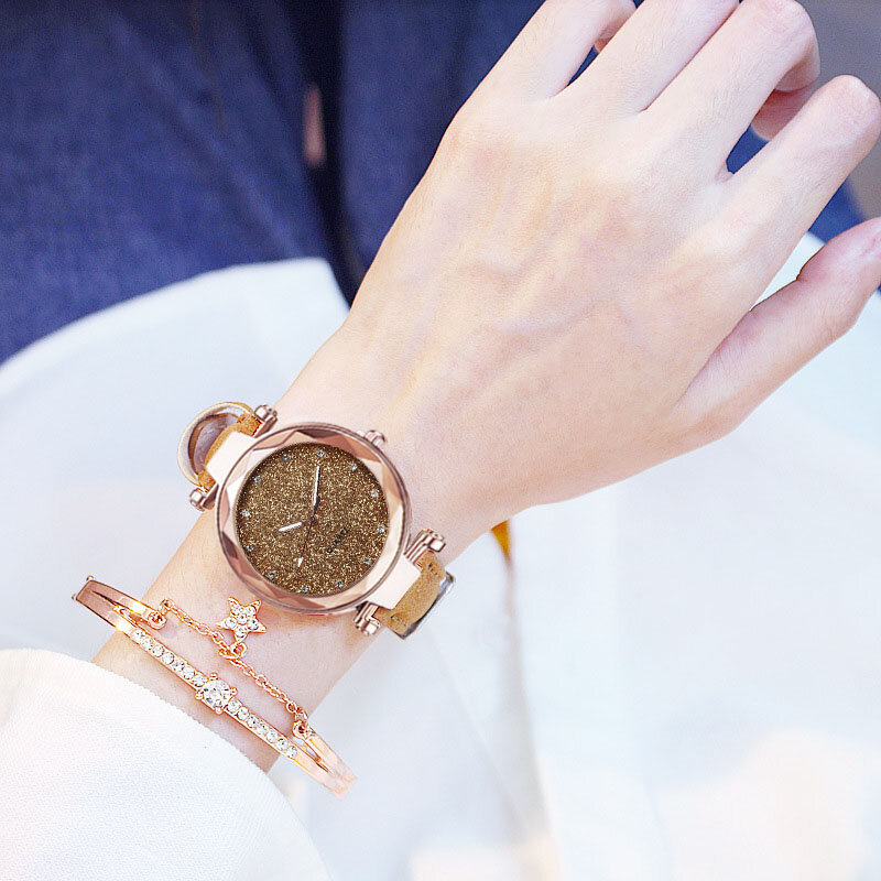 ผู้หญิง Starry Sky นาฬิกาสร้อยข้อมือเพชรนาฬิกาสุภาพสตรี Casual หนังนาฬิกาข้อมือควอตซ์หญิงนาฬิกา Zegarek Damski