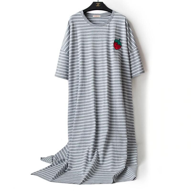 Gaun Malam Panjang Bergaris Katun Gaun Malam Lengan Pendek Wanita Ukuran Besar Pakaian Rumah Gaun Rumah Ruang Santai Pakaian Tidur Baru Musim Panas