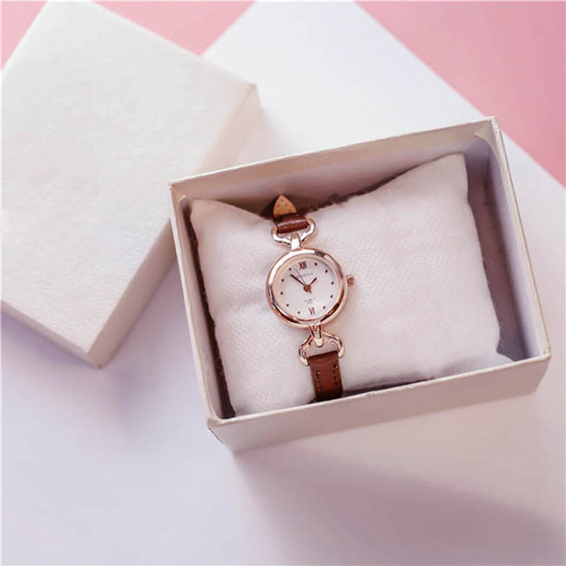 Relógio de pulso de quartzo simples para mulheres, pulseira de couro PU, mini relógios para meninas, EIG88
