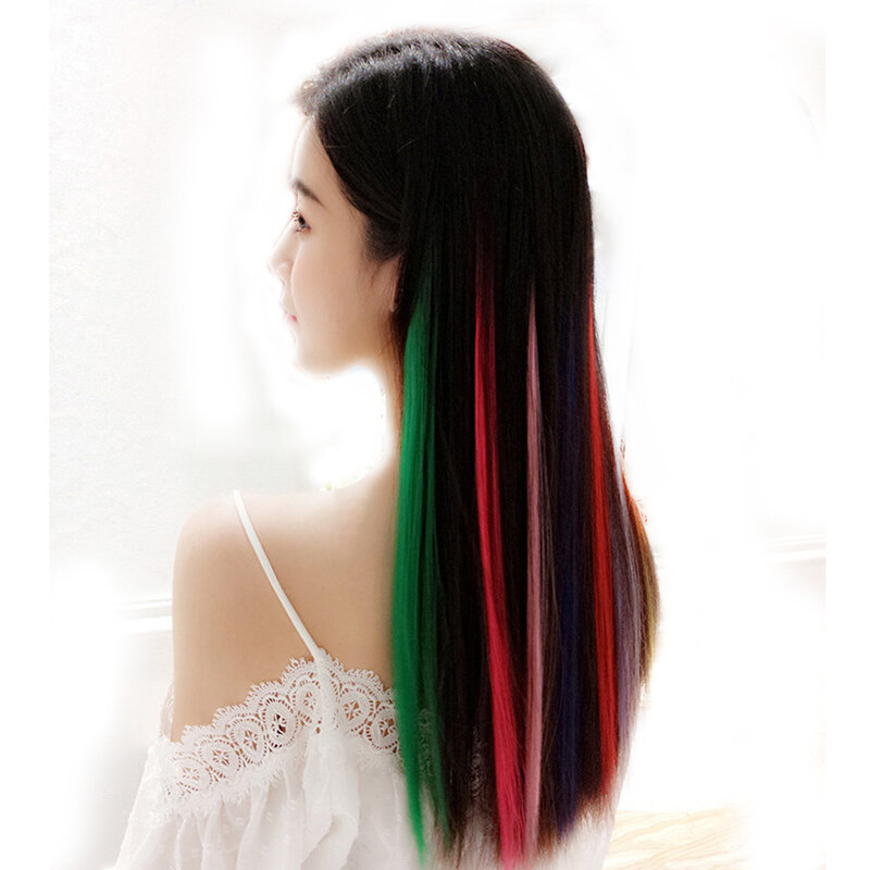 Allaosify sintético único grampo em extensões de cabelo de uma peça 18 cores longa reta cinza vermelho arco-íris cabelo peça destaque