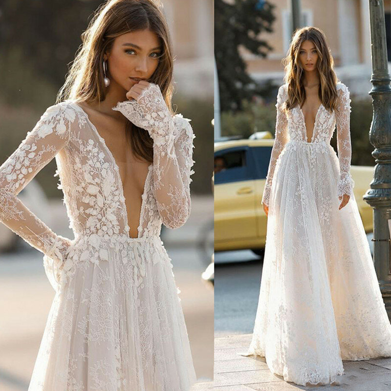 Elegant Long Sleeves Wedding Dresses Deep V Neck Backless Berta 3D Floral Lace Appliques Beach 2023 Bridal Gown Robe De Mariee