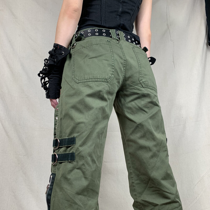 Pantalon cargo taille basse pour femme, gothique, punk, baggy, vintage, kawaii, fjbandage, grunge, vert, fermeture éclair, jeans, pantalons de survêtement coréens