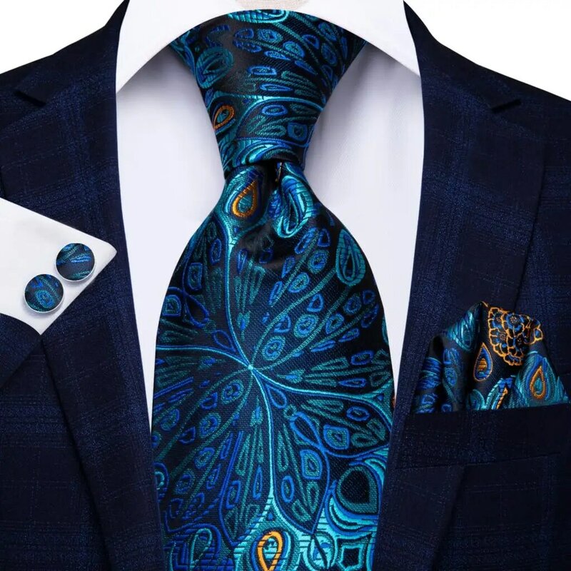 Hi-Tie corbata de seda Floral azul pavo real para hombres, corbata de boda, gemelos a mano, fiesta de negocios de moda, diseño de lujo, envío directo