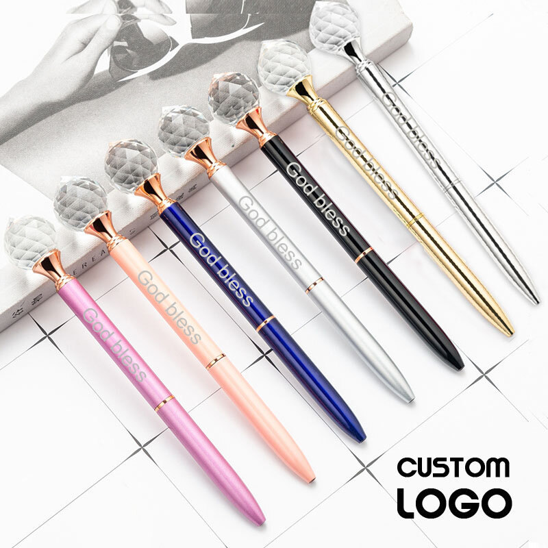 LOGO personalizzato penna in metallo con diamante grande penne a sfera in cristallo di moda penne regalo con gemme Creative cancelleria per studenti nome intagliato gratuito