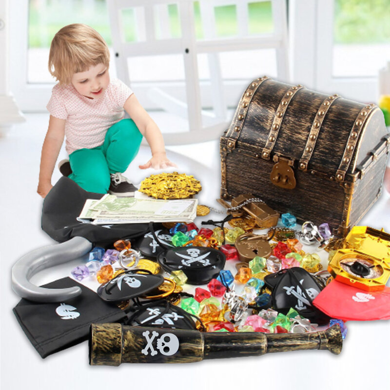 子供のための宝物デザインのプラスチックネックレス,海賊のデザインが施されたゴールドコインジュエル,143個