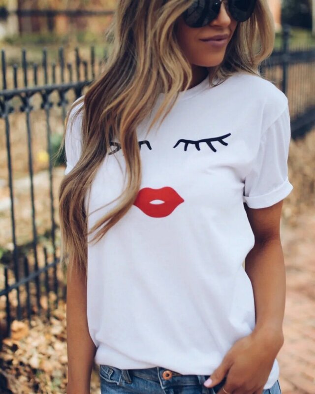 Pretty and Cute Eye Lashes Red Lips Print Women T Shirt Summer Casual Short Sleeve O Neck T-shirt Ladies White TShirt Tops