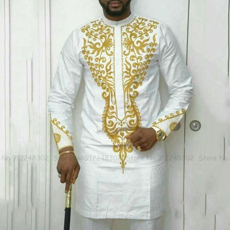 African Men Mid-length T-Shirt Traditional Vintage Print Long Sleeve Tee Shirts Man Casual Plus Size Blouse Fashion Dashiki Tops