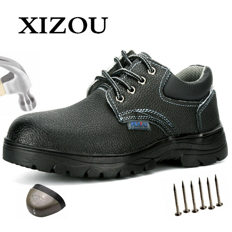 XIZOU-zapatos de trabajo de seguridad para hombre, botas de trabajo con puntera de acero, antigolpes, de cuero genuino, para invierno, envío gratis