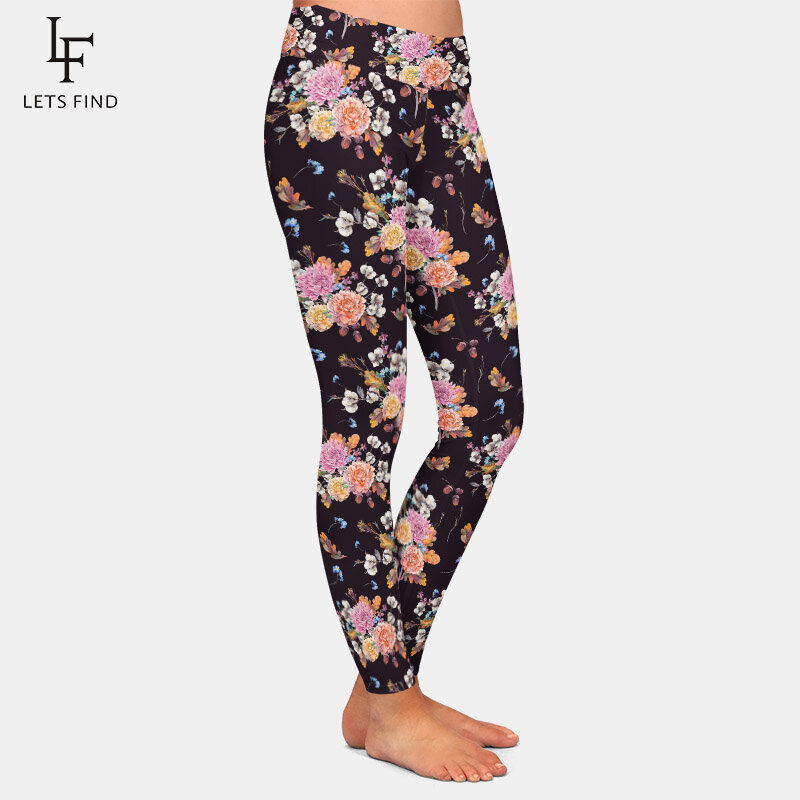 LETSFIND High Quaility Women Warm Full Leggings Fashion 3D Chrysanthemum and Peony Printiing High Waist Fitness Silm Leggings