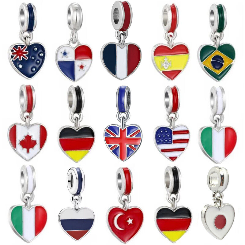 Spagna/italia/Russia/Canada/brasile/germania bandiera nazionale ciondoli a cuore Charms perline europee misura Charms bracciali gioielli fai da te