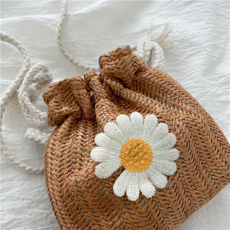 Women Sunflower Embroidery Straw Bucket Bag Wild Style Crossbody with Drawstring Mini Messenger Bag Crossbody Bags