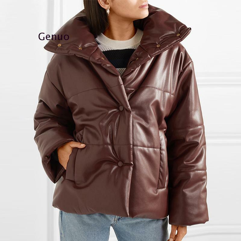 Парка женская из искусственной кожи с воротником-стойкой, модное однотонное пальто из искусственной кожи, элегантная Толстая хлопковая куртка для женщин