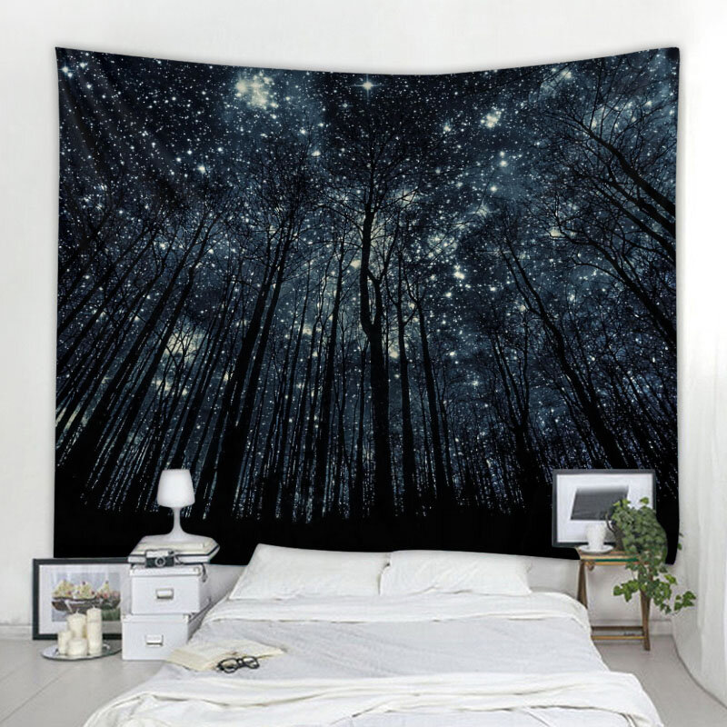 Tapiz de bosque de cielo estrellado, decoración Bohemia psicodélica de noche de luz de luna, colgante de pared, decoración de fondo de arte para habitación del hogar