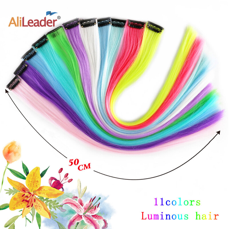 Extensiones de Cabello sintético brillante para mujer, con un Clip largo y liso postizo, color arcoíris