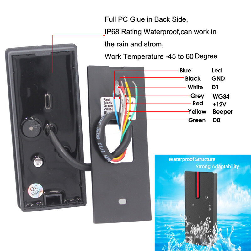 IP68 Waterproof RFID Card Reader 125Khz 13.56Khz Proximity Card Access Control Slave Reader Support Wiegand 26/34 Output