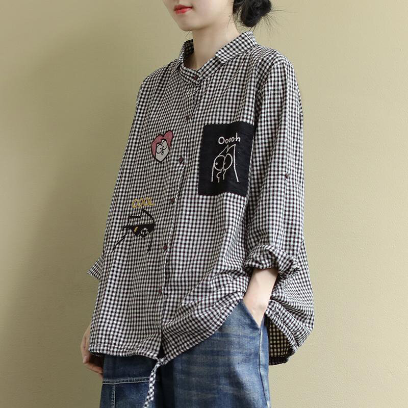 Blusa de manga larga holgada para mujer, camisa informal a cuadros con cuello vuelto, estilo artístico, Primavera, S611, 2020