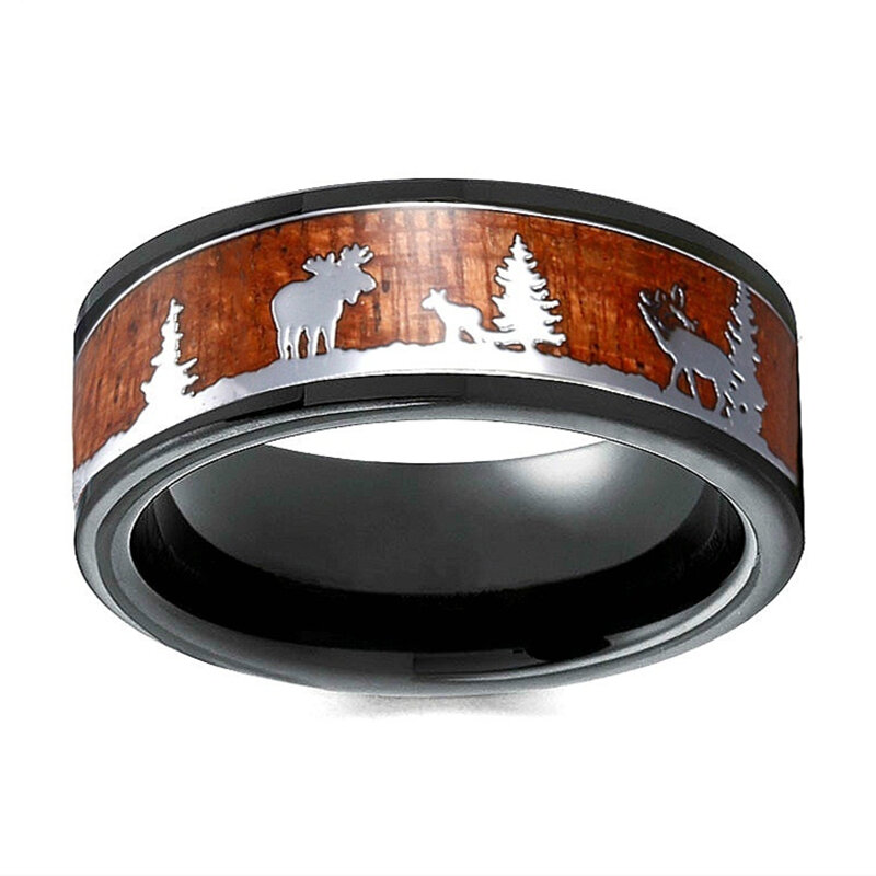 FDLK Schwarz Wolfram Jagd Ring Hochzeit Band Holz Inlay Deer Stag Silhouette Ring
