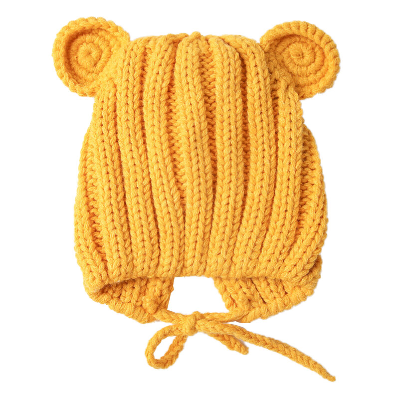 Knitted Winter Baby Hat with Ears Cartoon Lace-up Children Kids Baby Bonnet Cap for 1-3 Years 5 Colors