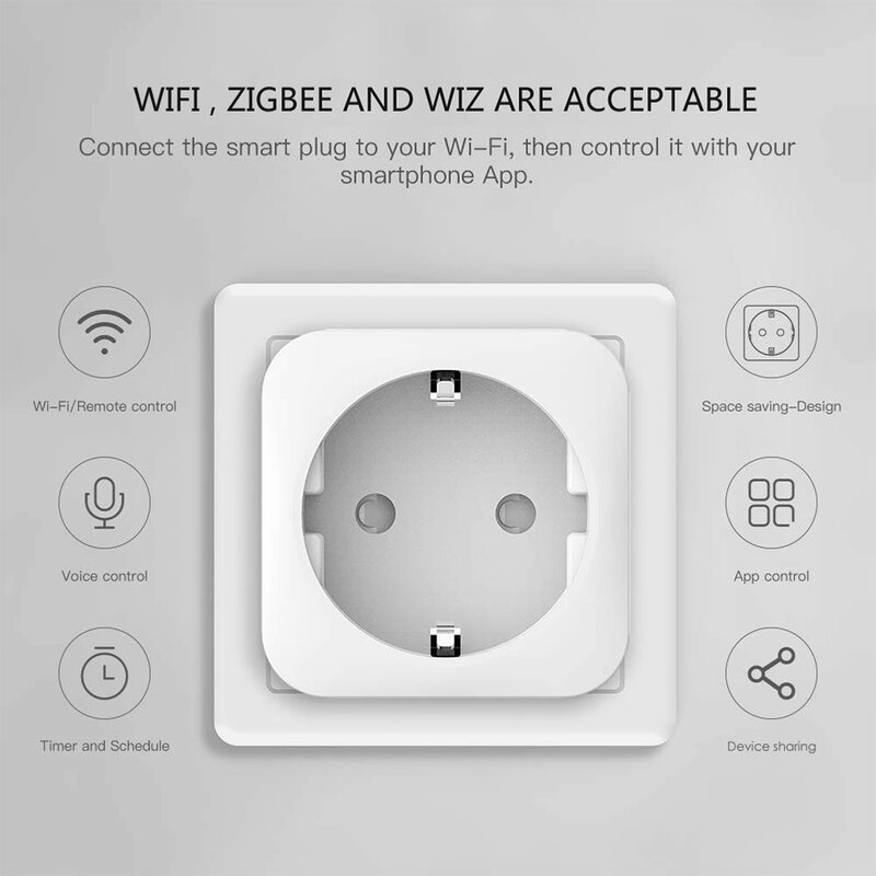 Smart Plug Wifi Wattimetro Smart Plug Socket dengan Wattmeter Tuya Wifi Smart Meter EU Single Sockets Kompatibel dengan Google Alexa