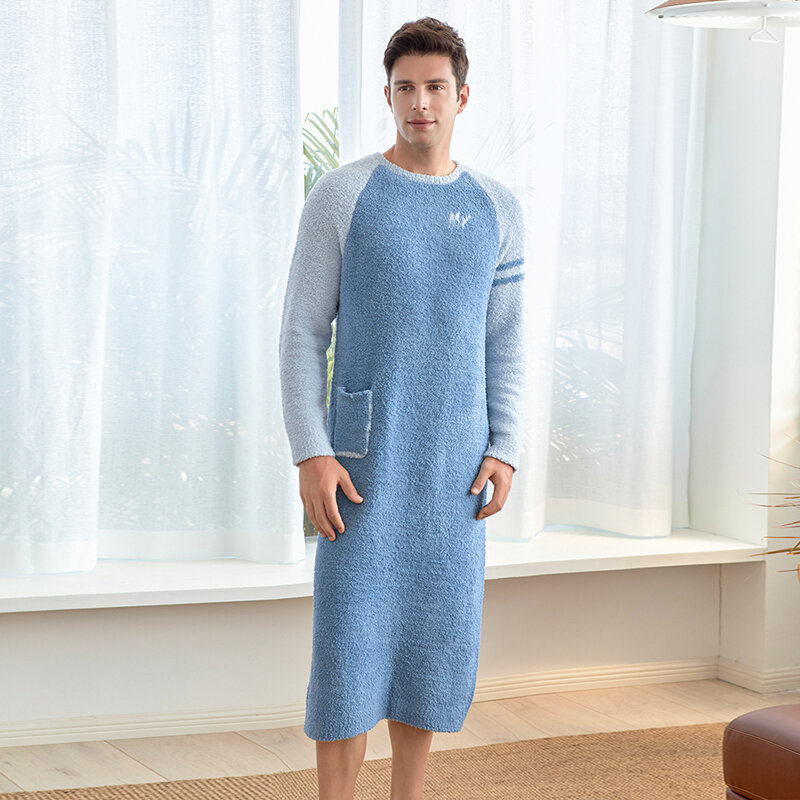 Conjunto de pijama feminino e masculino, camisola quente e macia de malha elástica para inverno