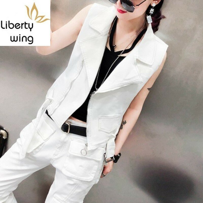Women Streetwear Slim Fit White Denim Vest & Multi Pockets Harem Jeans Two Piece Set Fashion Zipper Sleeveless Jacket 2XL