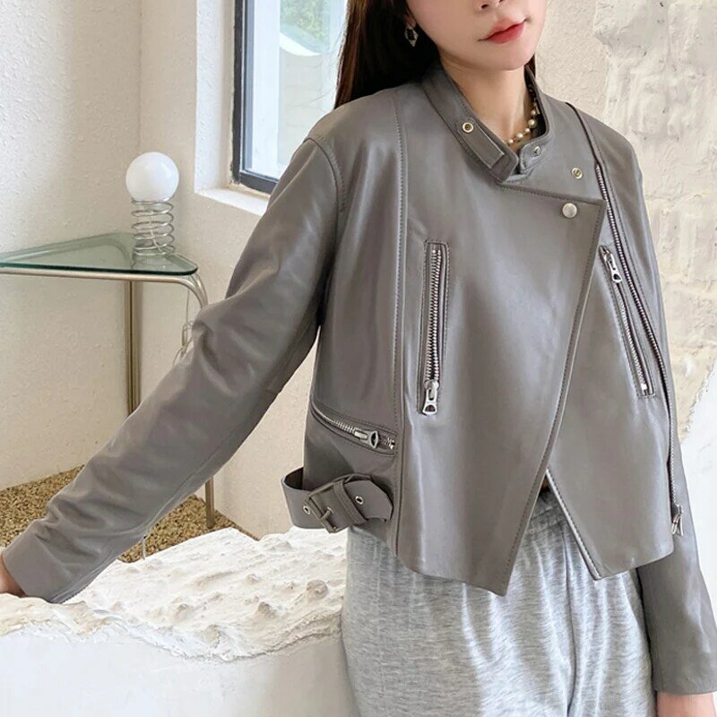 Locomotive Jackets For Women High Quality Female Grey Short Slim Zippers Pockets Genuine Leather Coat Mujer Motorcycle Vetement