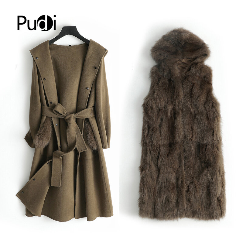 Pudi Women Real Wool Fur Coat Parka Natural Fox Fur Liner Leisure Fall/Winter Female Long Hooded Jacket Trench Outwear ZY178