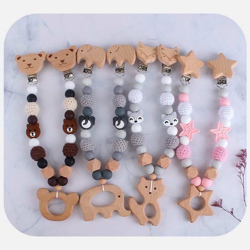 Baby Stroller Hanging Clip Pendant , Mobile Rattle On The Crib,Silicone Beads Pacifier Clip Chain,Wooden Bracelet Stroller Toy