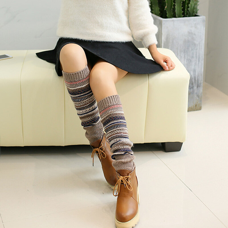 Calcetines largos bohemios de lana para mujer, medias de estilo Retro Mori, con diseño de rayas y bloques de colores