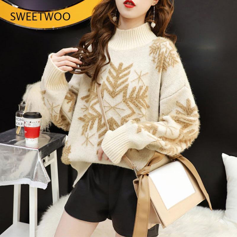 2021 Autumn and Winter Sweater Women Christmas Half Turtleneck Sweater Women Loose Thick New Student Pullover