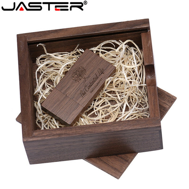 JASTER USB 2.0 (1 PCS LOGO grátis) de madeira usb + caixa usb flash drive memory stick pendrive 4GB 16GB 32GB 64GB presentes de casamento