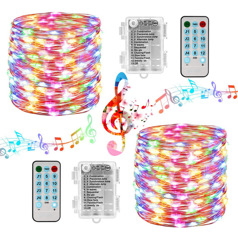 Bateria/USB aktywowane dźwiękiem LED muzyka łańcuchy świetlne 5M 10M srebrny drut Garland boże narodzenie w domu wesele dekoracja