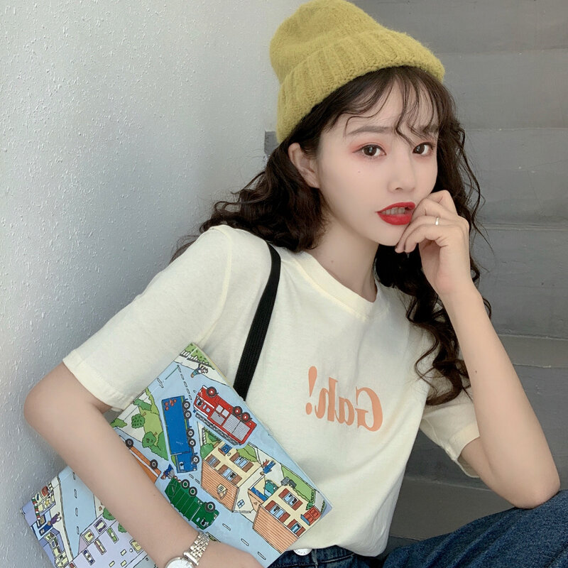 Camiseta divertida informal de algodón con estampado de letras de manga corta y cuello redondo para Mujer