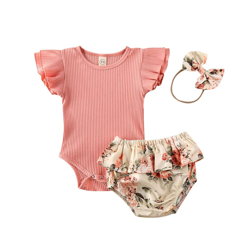 Vestiti estivi per neonati neonata tuta a coste arruffata ragazze pantaloncini floreali fascia per capelli neonato 3 pezzi Set