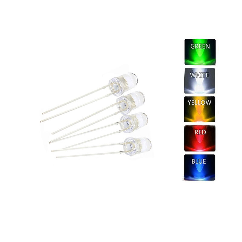 100 sztuk/partia nogi UltraBright czerwony/zielony/niebieski/biały/żółty Ultra Bright przezroczysty 5MM okrągły LED dioda F5 20(mA)0.06 (W) 3V-3.3V