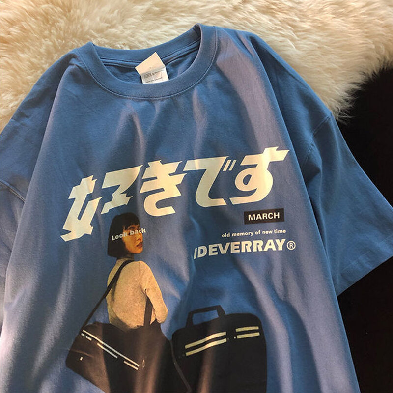 Kaus Harajuku Hip Hop Streetwear Kaus Gambar Kanji Jepang Anak Perempuan Musim Panas 2021CC Kaus Ukuran Besar Katun Lengan Pendek Pria Musim Panas