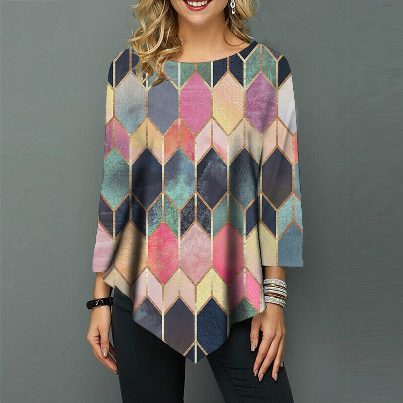 Осенняя женская блузка с рукавом 3/4 в стиле бохо, свободная рубашка с рисунком, Женский пуловер, топы, модная повседневная Асимметричная уличная одежда