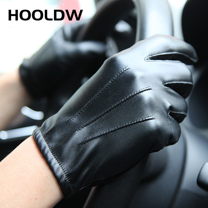 Hooldw-男性と女性のための冬の手袋,黒のpuレザー,カシミア,暖かい,タッチスクリーン用のミトン,防水,戦術的
